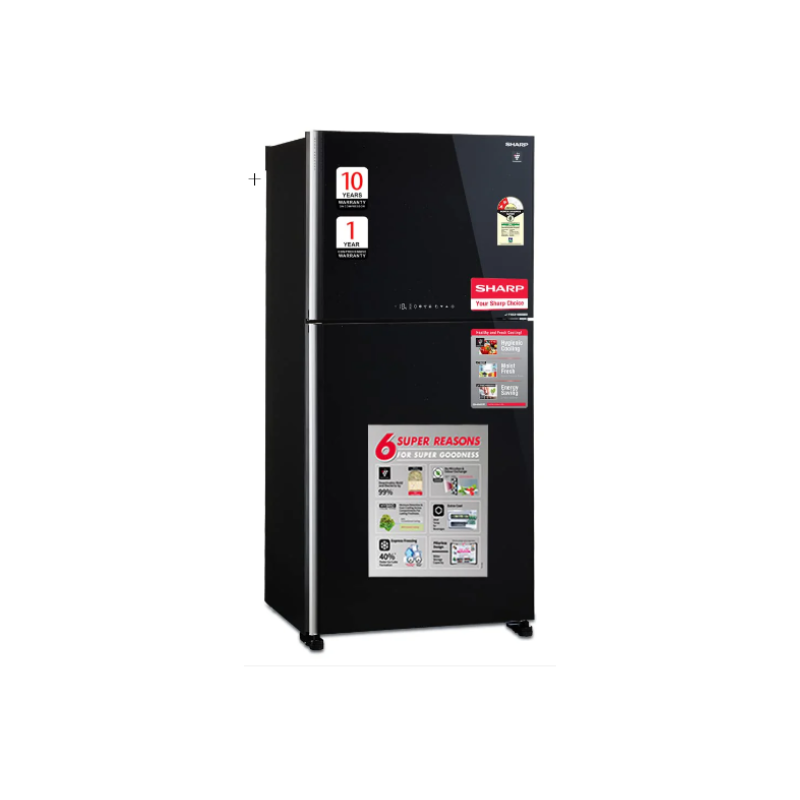 SHARP 613L 2 Star J-Tech Inverter Frost Free Double Door Refrigerator (SJGP60TBKEC, Glass Black, Plasmacluster Ions, Express Freeze, Hybrid Cooling)