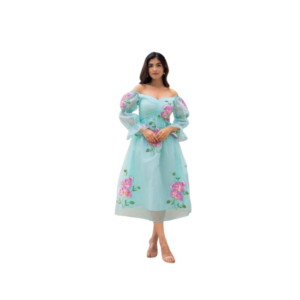 Women's Powder Blue Organza Midi Dress – Off-Shoulder Floral Embroidered Party Wear