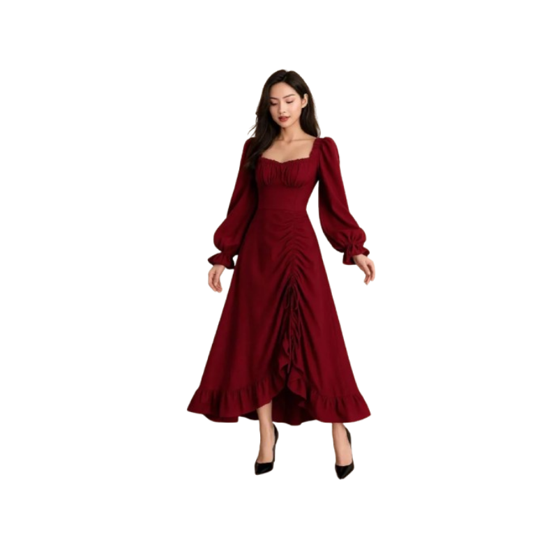 Women's Elegant Deep Teal Floral Midi Dress – Short Puff Sleeves with Tie-Front Sweetheart Neckline