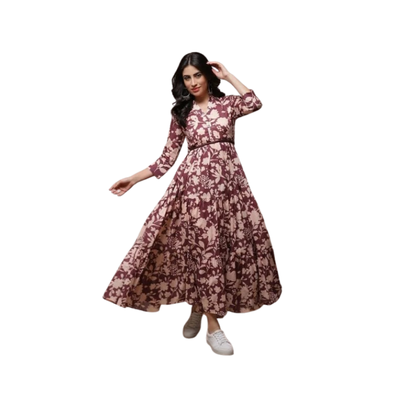 Women's Mauve Floral Print Tiered Maxi Dress – Three-Quarter Sleeve A-Line Gown