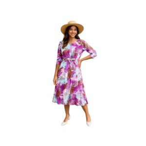 Women's Elegant Deep Teal Floral Midi Dress – Short Puff Sleeves with Tie-Front Sweetheart Neckline