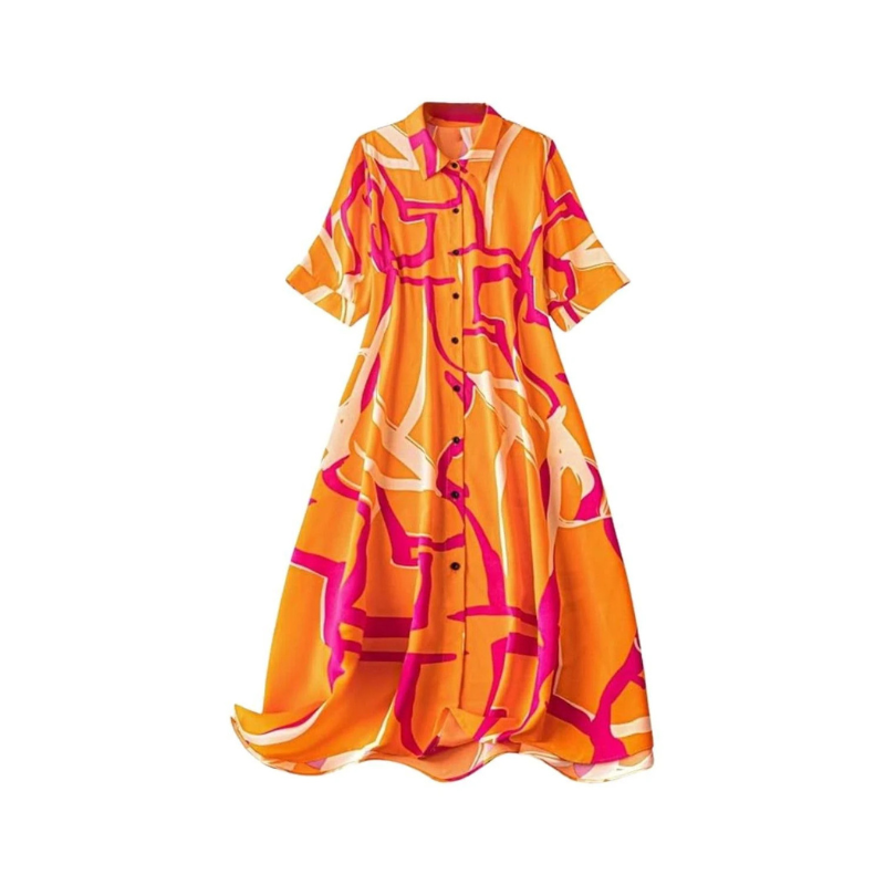 Women's Vibrant Abstract Print Maxi Shirt Dress – Orange & Fuchsia A-Line Gown