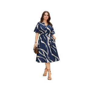 Women's Navy Blue Abstract Swirl Print Midi Dress – V-Neck A-Line with Tie Waist