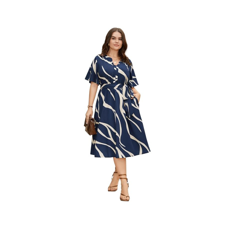 Women's Navy Blue Abstract Swirl Print Midi Dress – V-Neck A-Line with Tie Waist