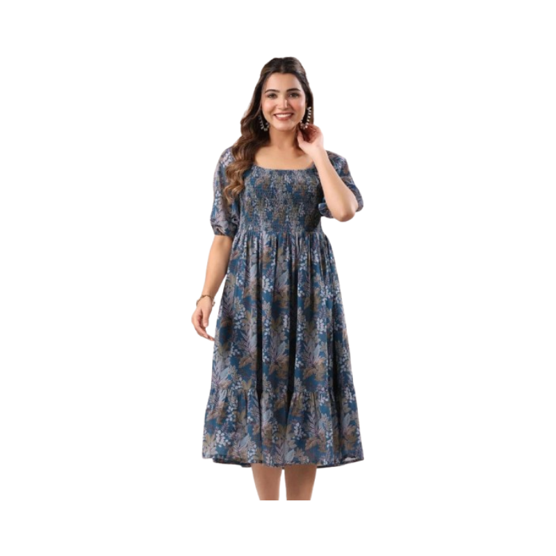 Women's Vintage Teal Floral Smocked Midi Dress – Square Neck Puff Sleeve A-Line