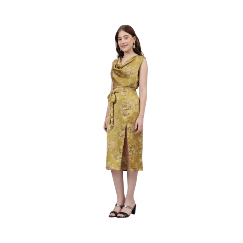 Women's Golden Olive Satin Cowl Neck Midi Dress – Floral Jacquard with Side Slit