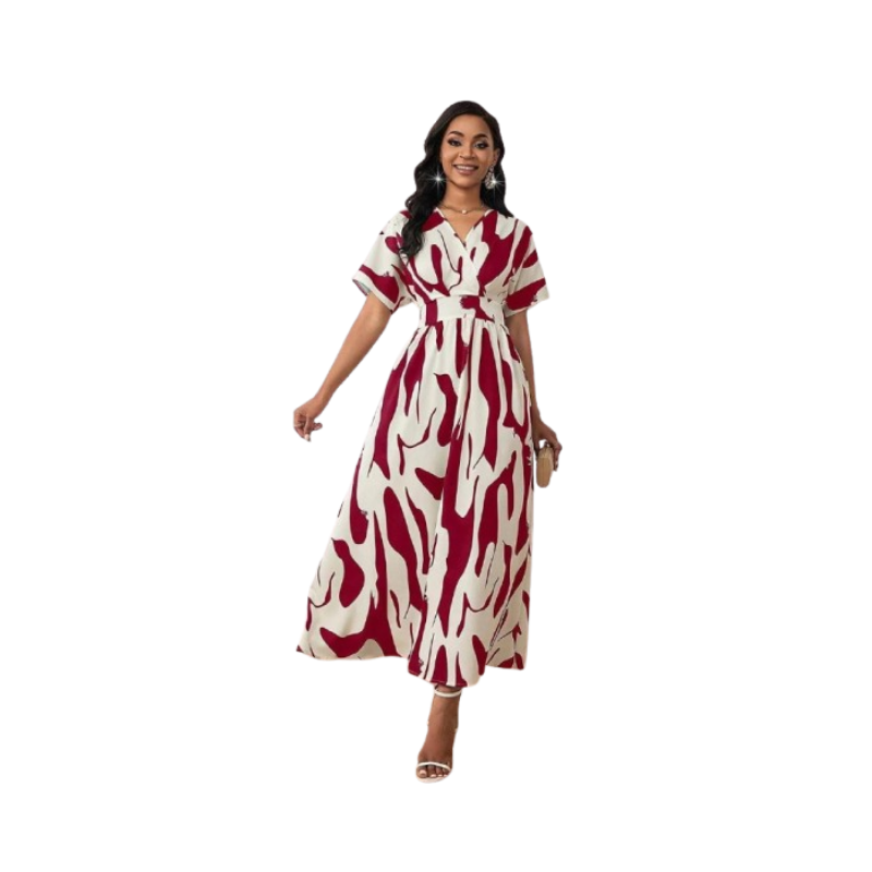 Women's Cream & Burgundy Abstract Print Maxi Dress – V-Neck A-Line with Flutter Sleeves