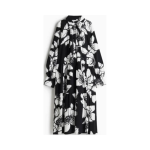 Women's Bold Monochrome Floral Maxi Shirt Dress – Tiered A-Line with Long Sleeves