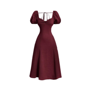 Women's Romantic Burgundy Puff Sleeve Midi Dress – Sweetheart Neck with Tie-Back