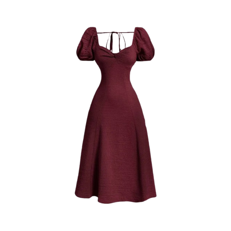 Women's Romantic Burgundy Puff Sleeve Midi Dress – Sweetheart Neck with Tie-Back