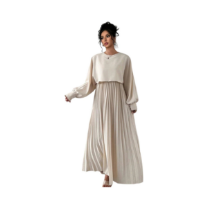 Women's Cream Two-Piece Look Pleated Maxi Dress – Balloon Sleeve Cropped Overlay