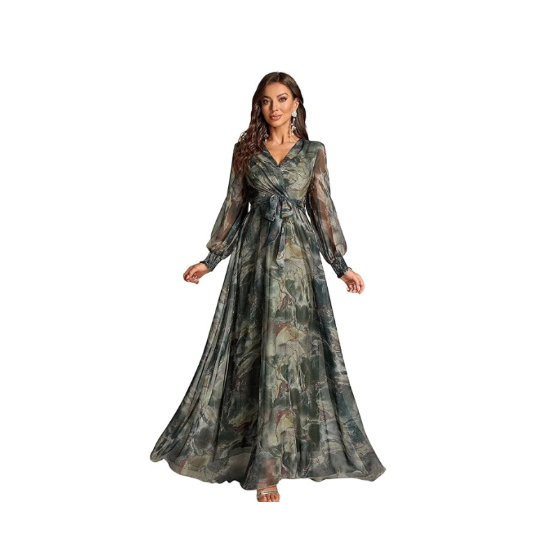 Women's Ethereal Forest Green Abstract Maxi Gown – Shimmering Long Sleeve Wrap Dress
