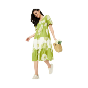 Women's Green and White Floral Tiered Midi Dress – Breezy Short Sleeve A-Line