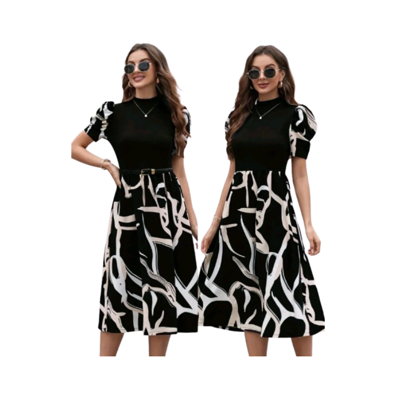 Women's Bold Black & White Floral Maxi Shirt Dress – Tiered A-Line with Long Sleeves