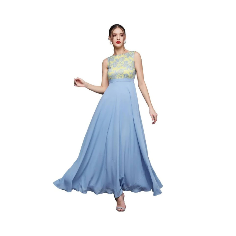 Women's Elegant Powder Blue Maxi Gown – Sleeveless Floral Brocade Bodice