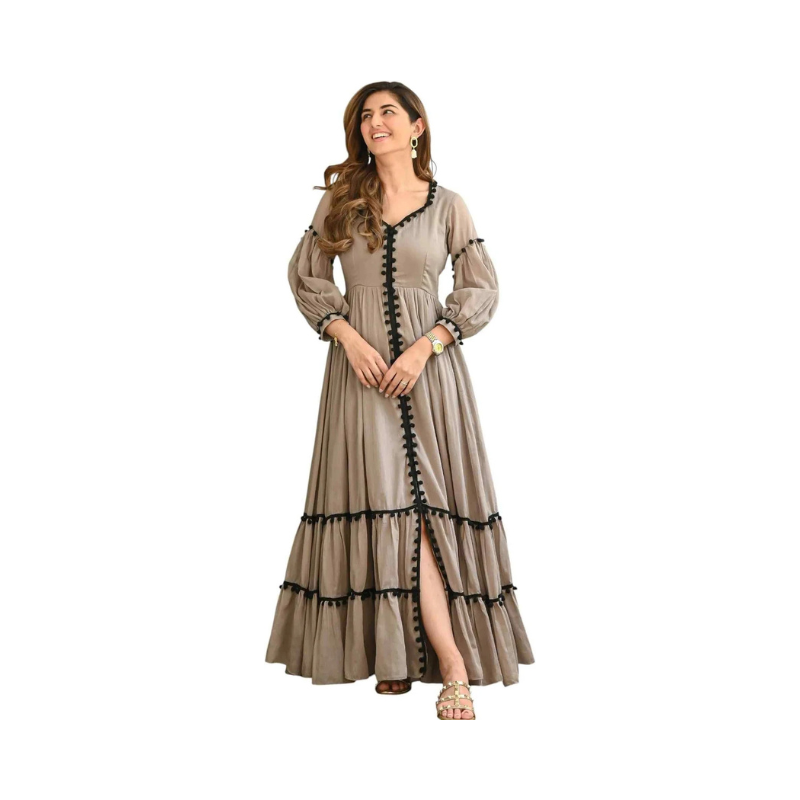 Women's Earthy Taupe Tiered Maxi Dress – Long Balloon Sleeves with Black Pom-Pom Trim