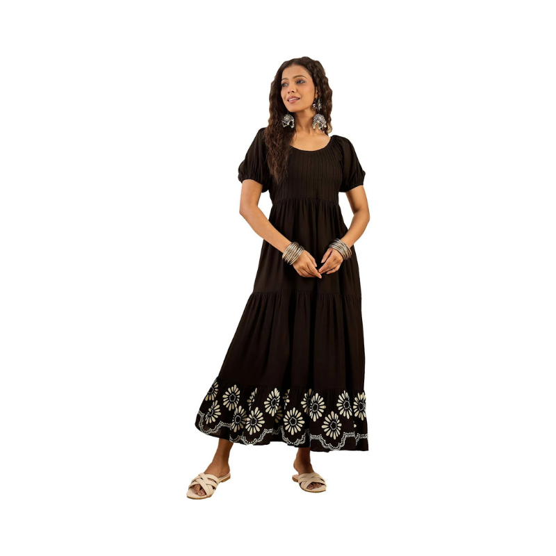 Women's Black Tiered Maxi Dress – Short Puff Sleeves with Floral Border Embroidery