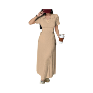 Women's Khaki Textured Maxi Polo Dress – Short Sleeve with Lace-Up Waist Detail