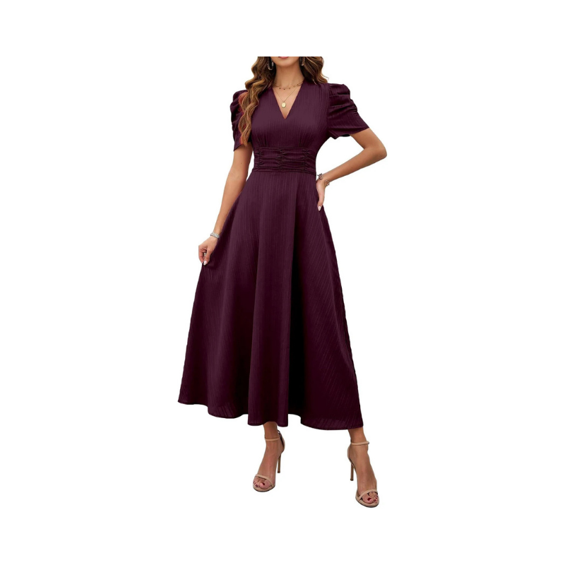Women's Elegant Deep Plum Midi Dress – Puff Sleeves with Ruched Empire Waist