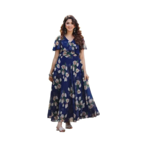 Women's Romantic Navy Blue Floral Maxi Dress – Ruffled V-Neck with Flutter Sleeves