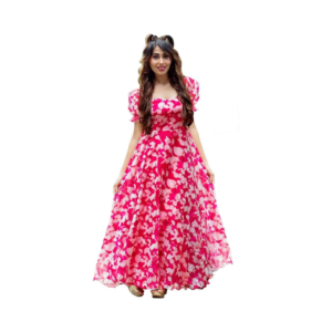 Women's Radiant Pink Floral Maxi Dress – Puff Sleeves and Flowing A-Line Silhouette