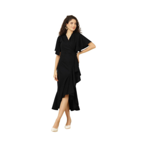 Women's Elegant Black Wrap-Style Midi Dress – Flutter Sleeves with Cascading Ruffle Hem