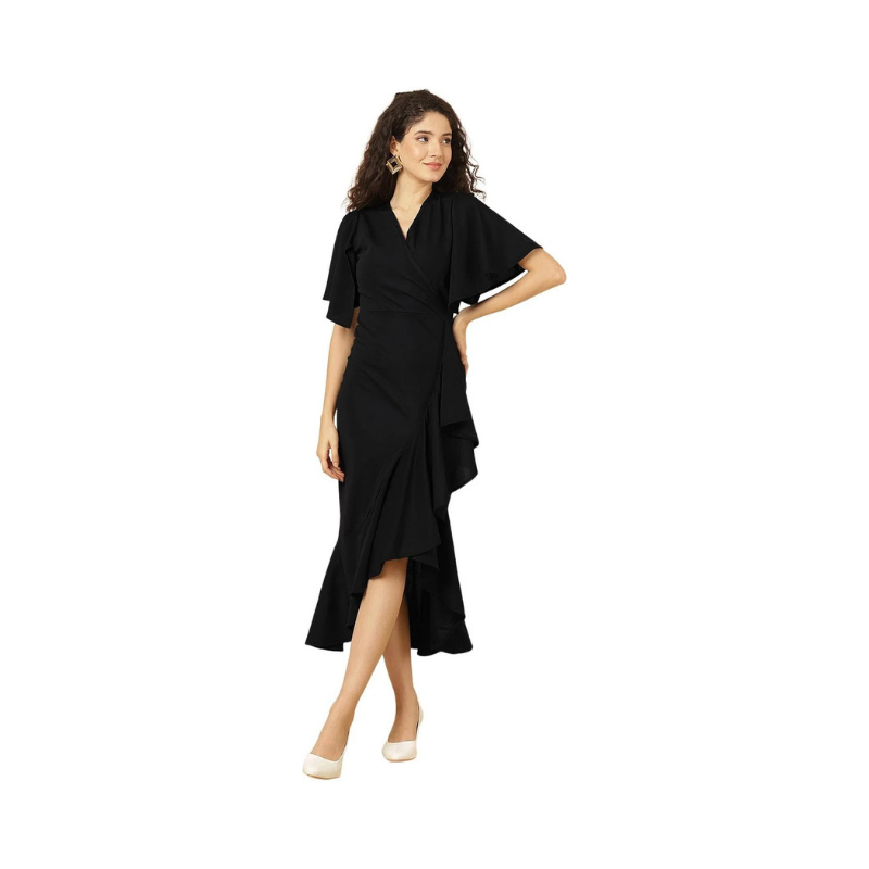Women's Elegant Black Wrap-Style Midi Dress – Flutter Sleeves with Cascading Ruffle Hem