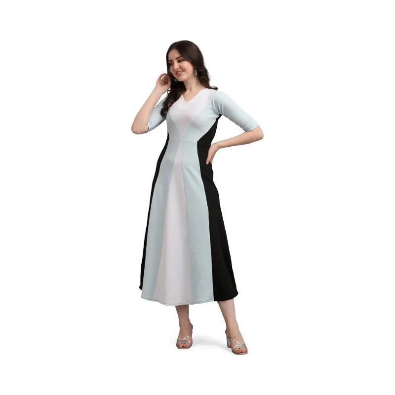 Women's Modern Geometric Color-Block Midi Dress – V-Neck with Three-Quarter Sleeves