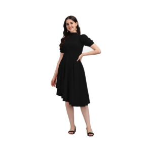 Women's Chic Black Asymmetrical Midi Dress – High Neck with Short Puff Sleeves