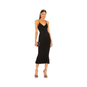 Women's Sleek Black Midi Slip Dress – V-Neck with Fluted Mermaid Hem