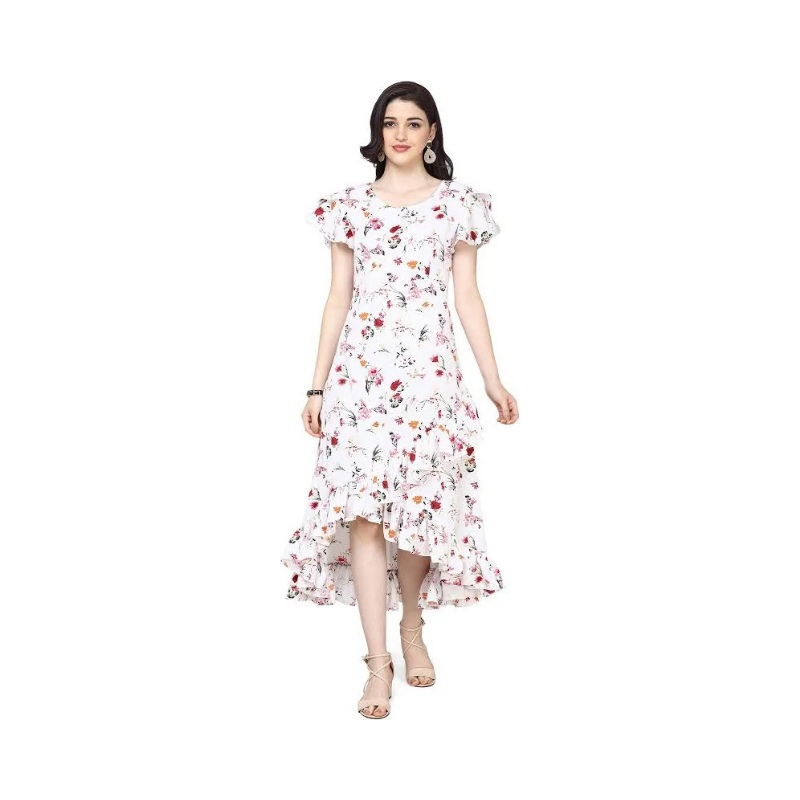 Women's White Floral High-Low Midi Dress – Ruffled Flutter Sleeves and Hemline