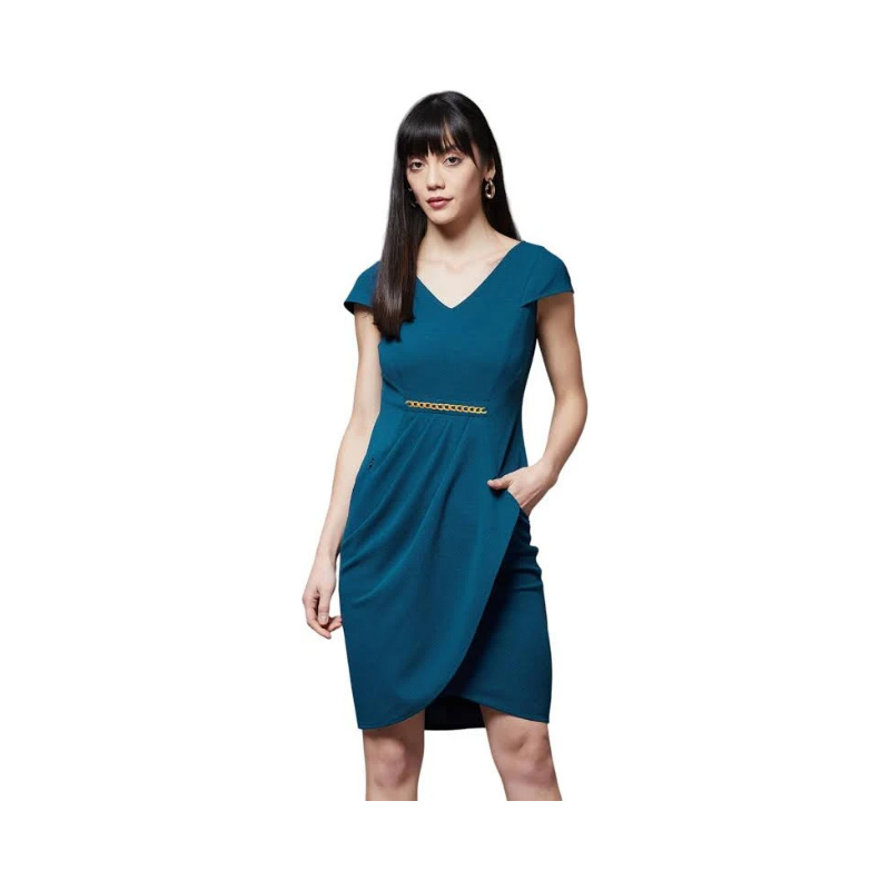 Women's Teal V-Neck Sheath Dress – Cap Sleeves with Gold Chain Waist Detail