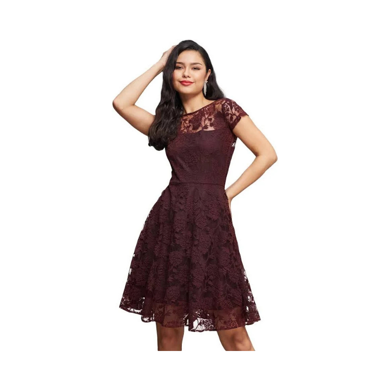 Women's Elegant Burgundy Floral Lace Cocktail Dress – Short Sleeves and Flared Skirt