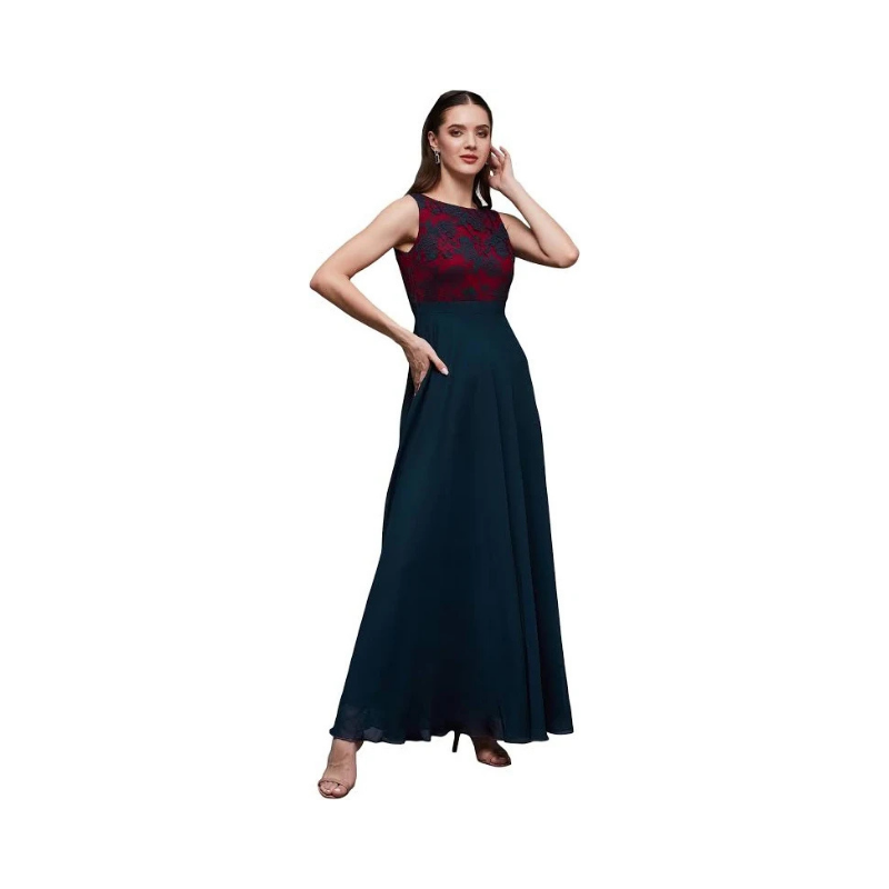 Women's Two-Tone Elegant Maxi Gown – Embroidered Bodice and Flowing Teal Skirt