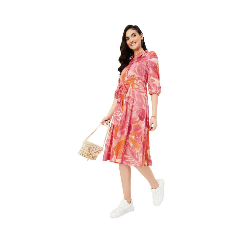 Women's Vibrant Abstract Floral Shirt Dress – Tie-Waist with Three-Quarter Sleeves