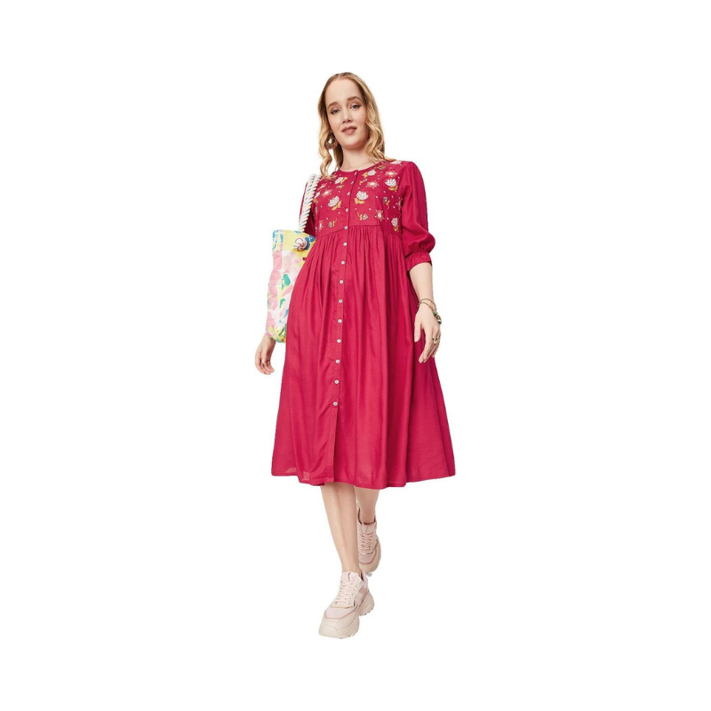 Women's Vibrant Fuchsia Midi Dress – Embroidered Yoke with Button-Front Detail