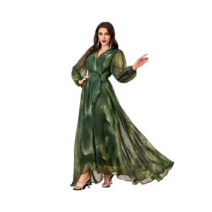 Women's Ethereal Emerald Green Marble Print Maxi Dress – Wrap Front with Balloon Sleeves