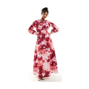 Women's Romantic Floral Print Maxi Dress – Long Balloon Sleeves with Empire Waist