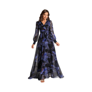 Women's Midnight Azure Marble Print Maxi Gown – Elegant Wrap Front with Balloon Sleeves