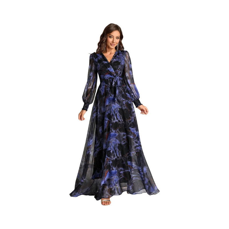 Women's Midnight Azure Marble Print Maxi Gown – Elegant Wrap Front with Balloon Sleeves