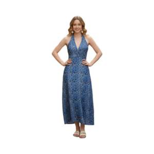Women's Bohemian Indigo Paisley Halter Maxi Dress – Deep V-Neck with Open Back Silhouette