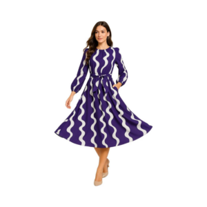 Royal Purple & Cream Wavy Striped Midi Dress with Belted Waist
