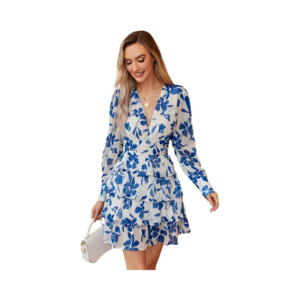 Cobalt Blue Floral Tiered Mini Dress with Deep V-Neckline