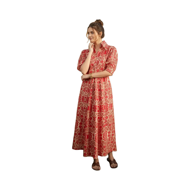 Bohemian Crimson & Gold Floral Maxi Shirt Dress