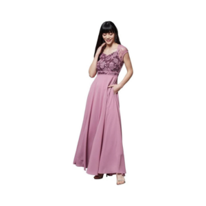 Mauve Floral Lace Bodice Maxi Dress with Cap Sleeves