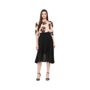 Floral Print Puff-Sleeve Top with Sheer Layered Midi Skirt Set