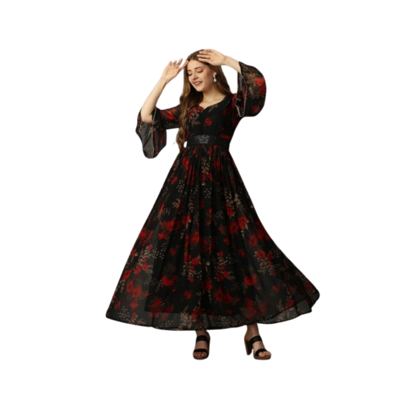 Women's Black & Red Floral Georgette Anarkali Maxi Dress – Flared Bell Sleeves