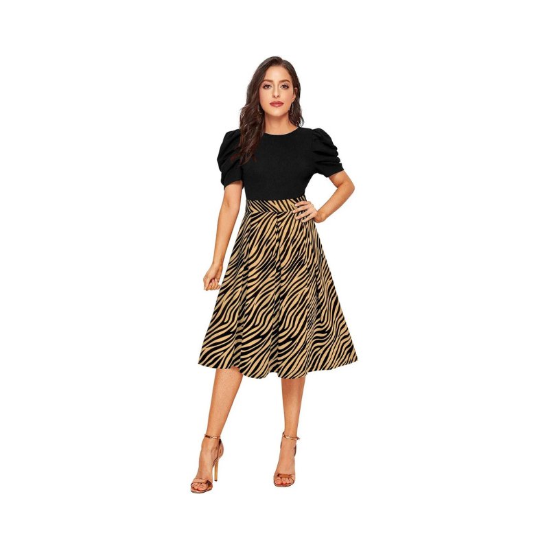 Black Puff-Sleeve Bodice & Tiger Print A-Line Midi Dress