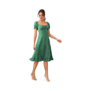 Women's Charming Emerald Green Ditsy Floral Dress – Sweetheart Neckline with Puff Sleeves