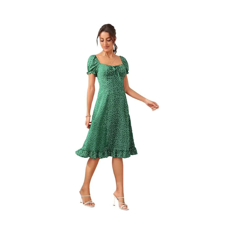 Women's Charming Emerald Green Ditsy Floral Dress – Sweetheart Neckline with Puff Sleeves